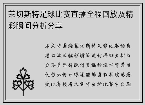 莱切斯特足球比赛直播全程回放及精彩瞬间分析分享